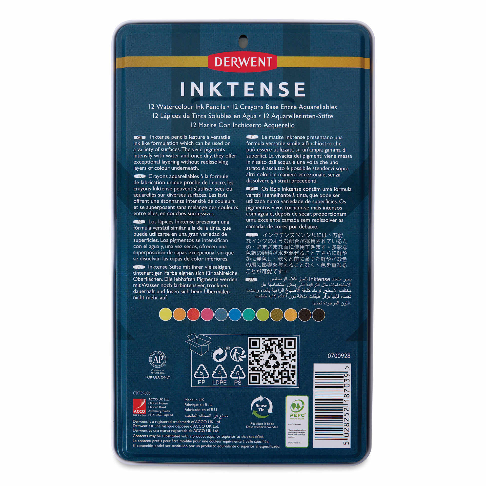 Derwent Inktense Pencils, back of the Tin Box Set of 12 with push button waterbrush