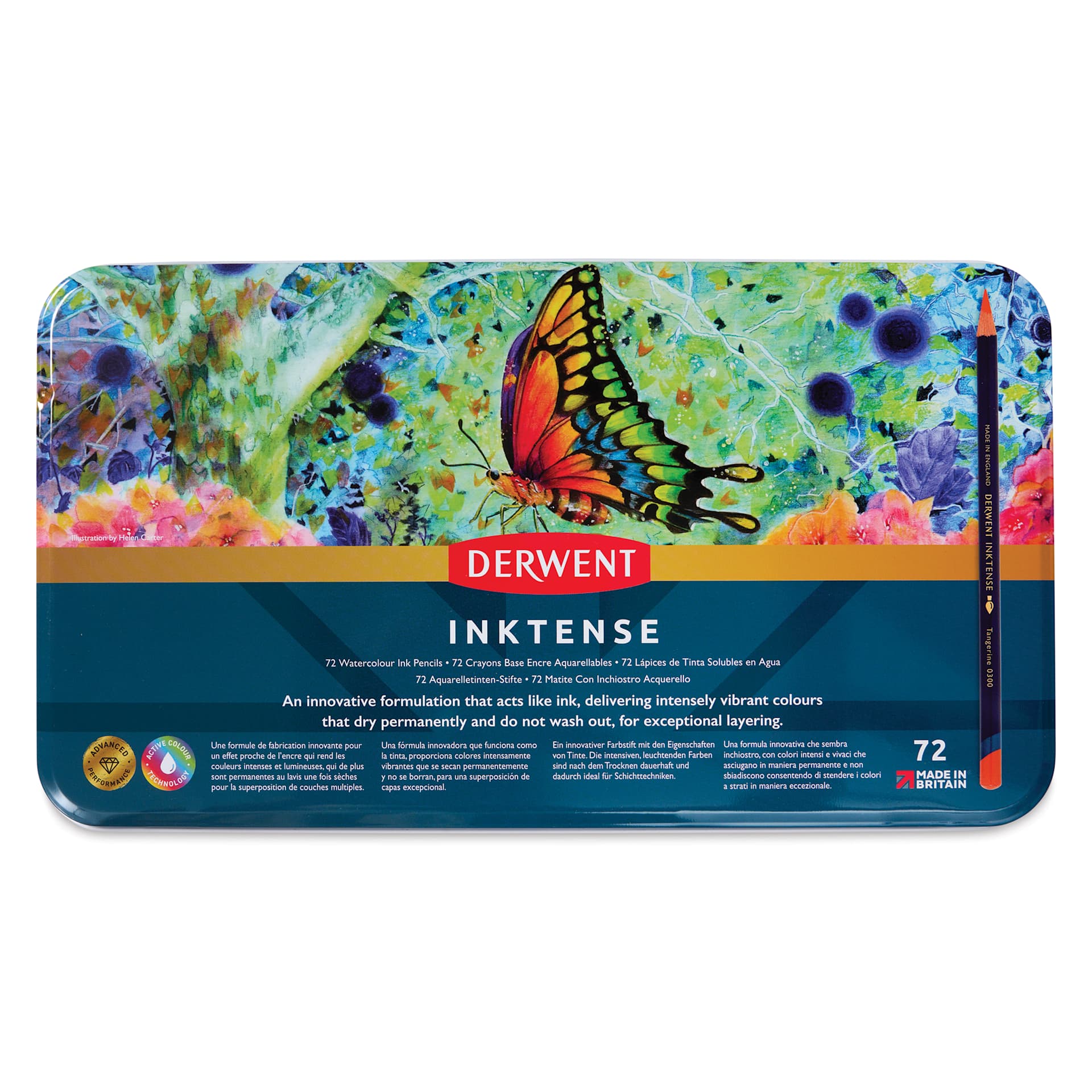 Derwent Inktense Pencils - Tin Box, Set of 72, front of tin