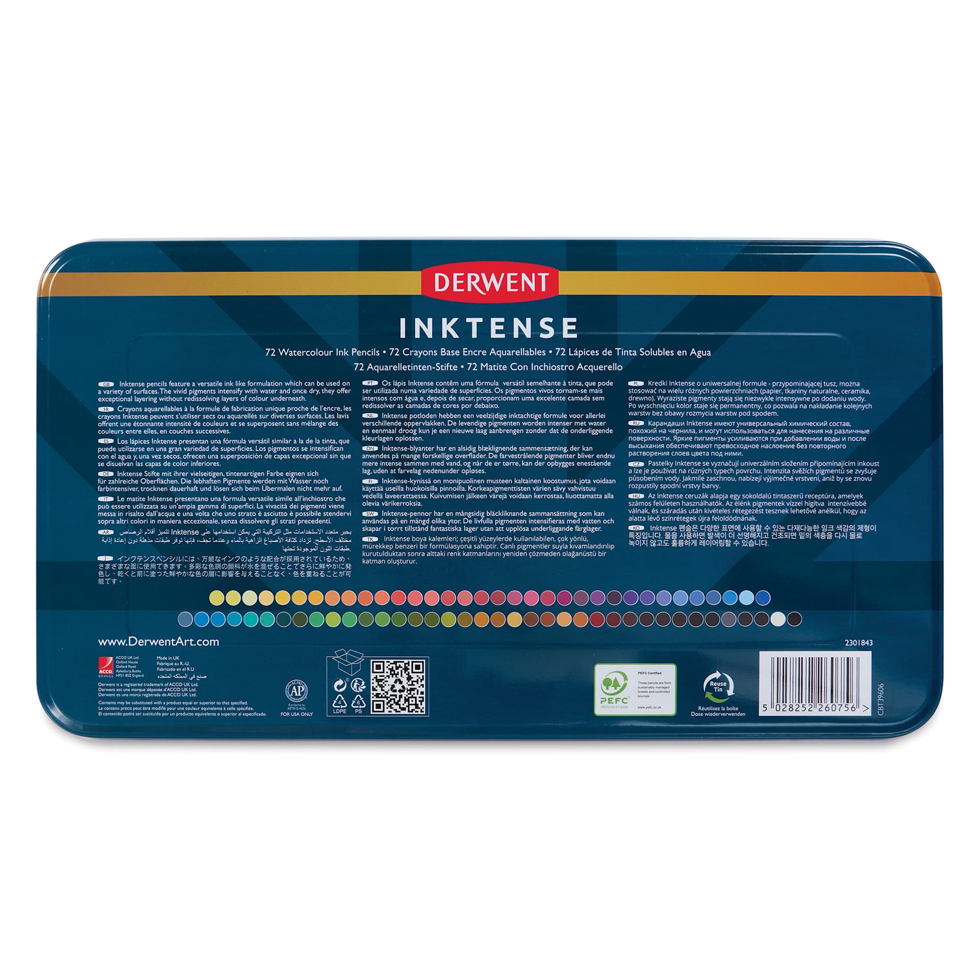 Derwent Inktense Pencils - Tin Box, Set of 72, back of tin