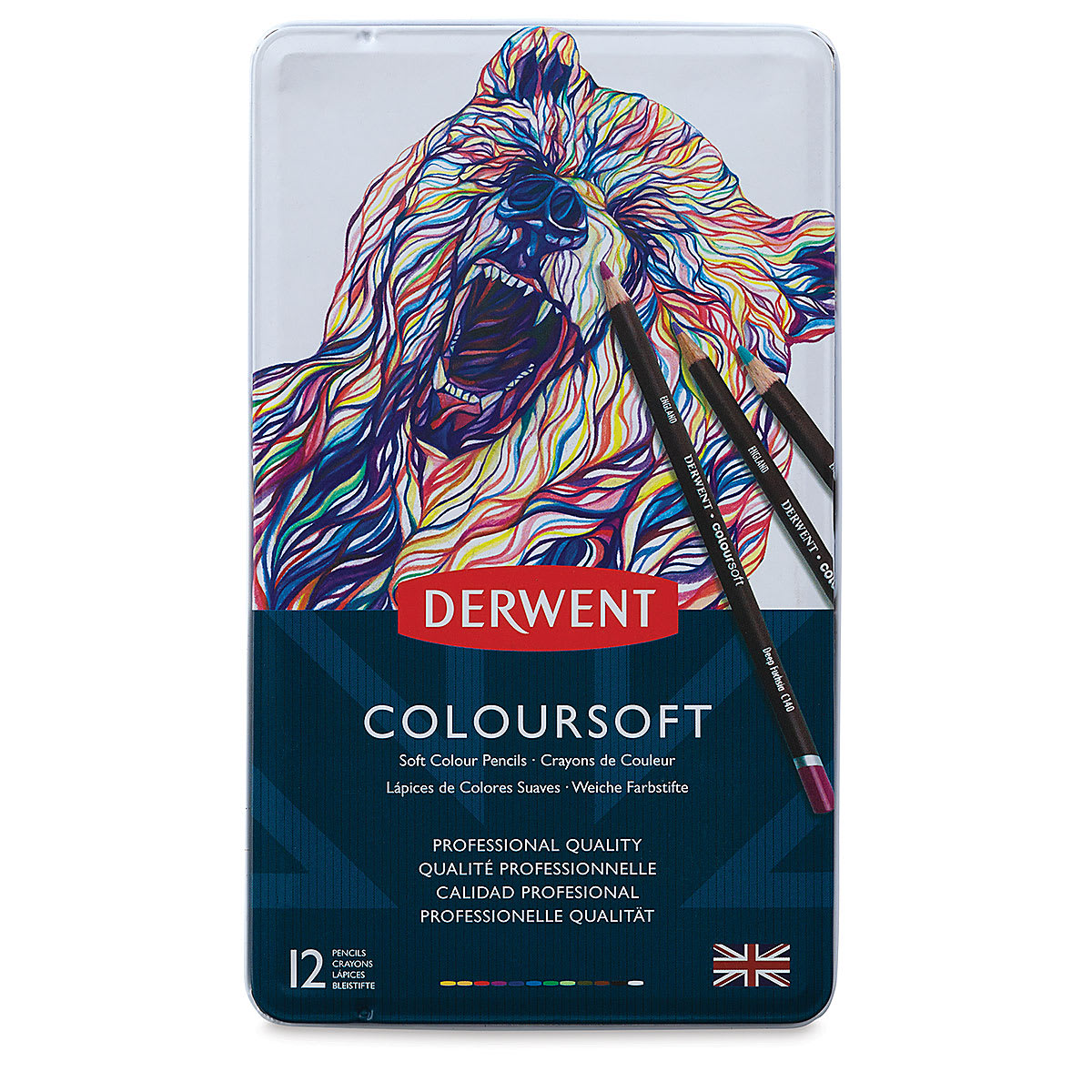 Derwent Coloursoft Pencil Set - Assorted Colors, Tin Box, Set of 12 (front of package)