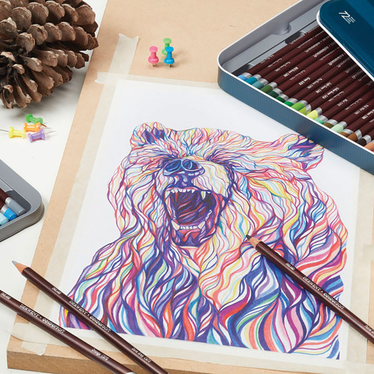 Derwent Coloursoft Pencils and Sets (being used to draw the bear on the package art)