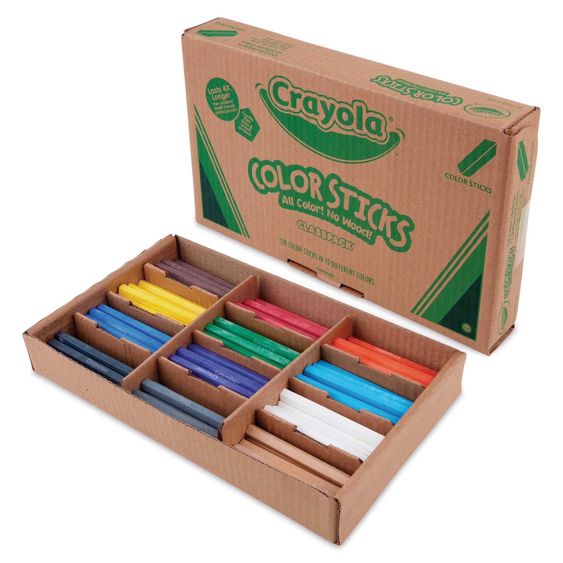 Crayola Color Sticks - Classpack of 120, crayons inside of tray in front of the pakaging