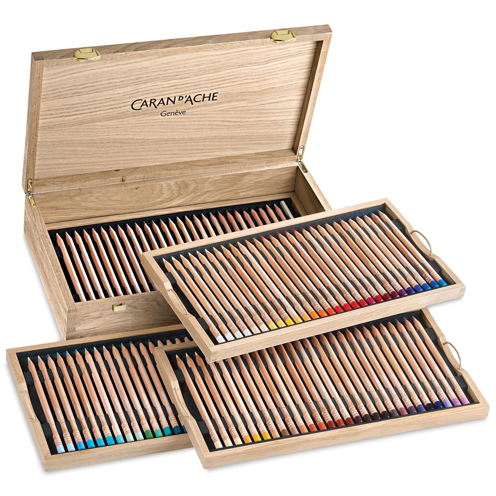 Caran d'Ache Luminance Colored Pencils - Assorted Colors, Wood Box, Set of 100, open