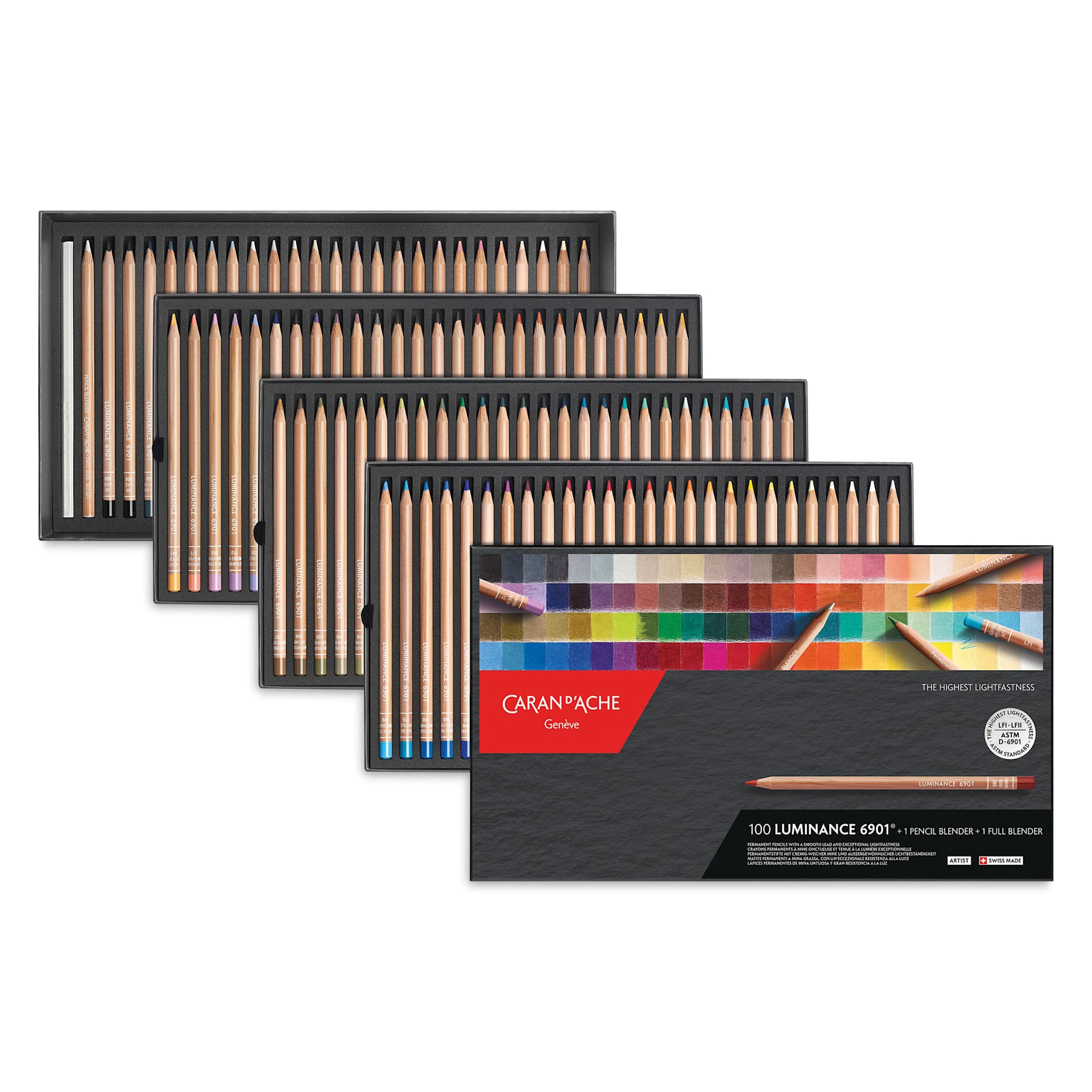 Caran d'Ache Luminance Colored Pencils - Assorted Colors, Set of 100 open box with contents