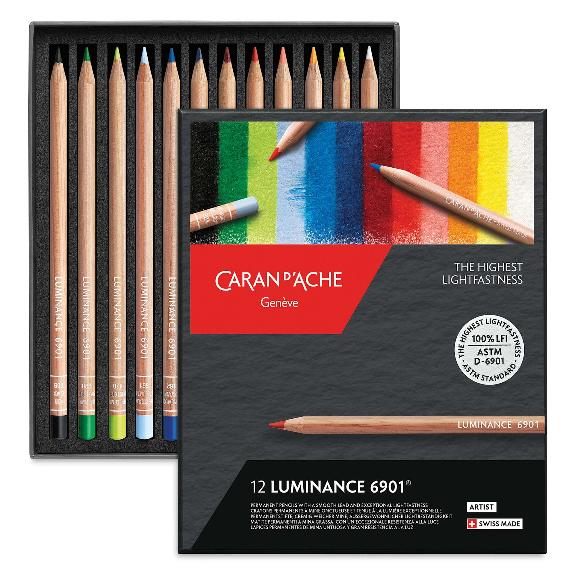 Luminance Colored Pencil Set - Assorted Colors, Set of 12 open box with contents