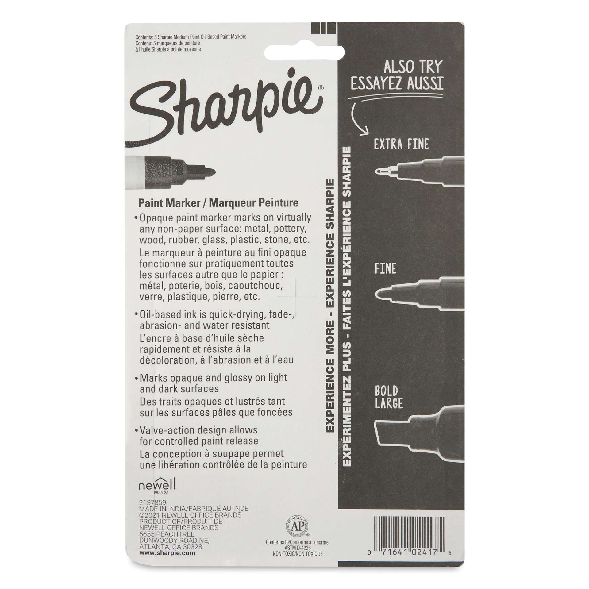 Sharpie Oil-Based Paint Marker Set - Assorted and Metallics, Medium Point, Set of 5, back of pack