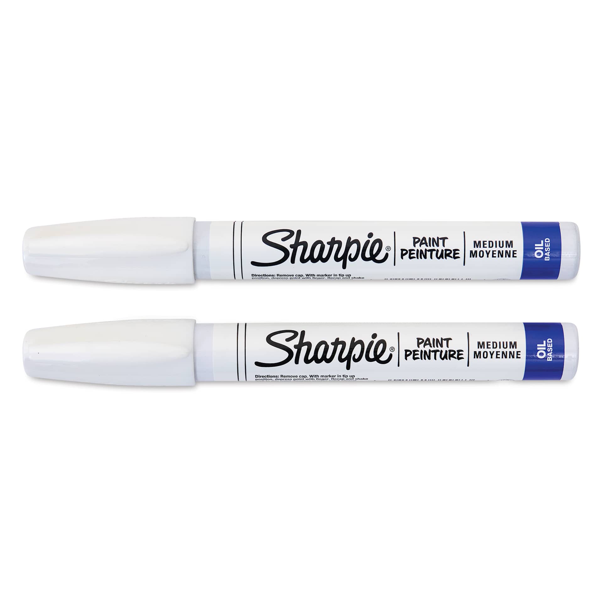 Sharpie Oil-Based Paint Marker - White, Medium Point, Pkg of 2, markers laid out with caps on