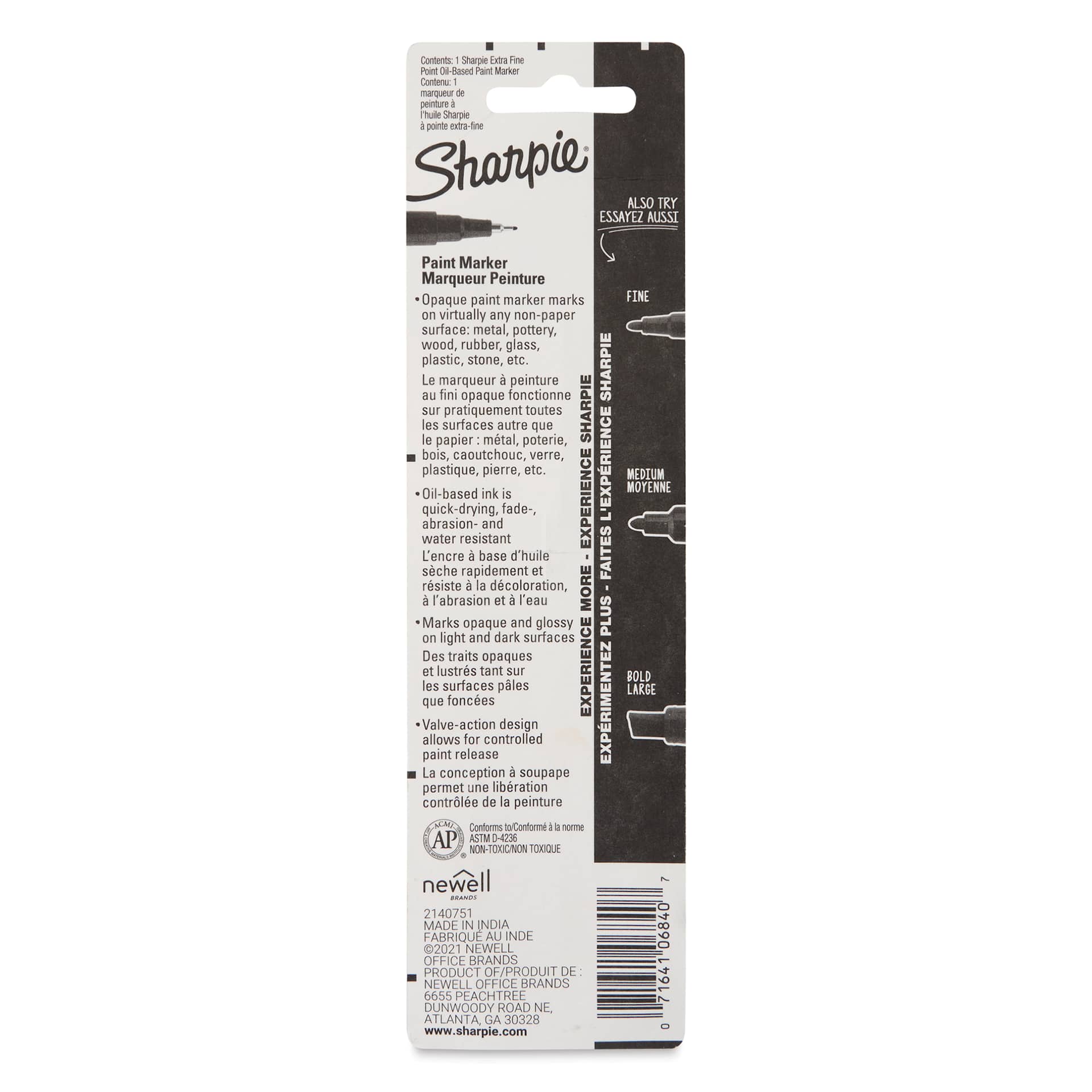 Sharpie Oil-Based Paint Marker - White, Extra Fine Point, back of the packaging