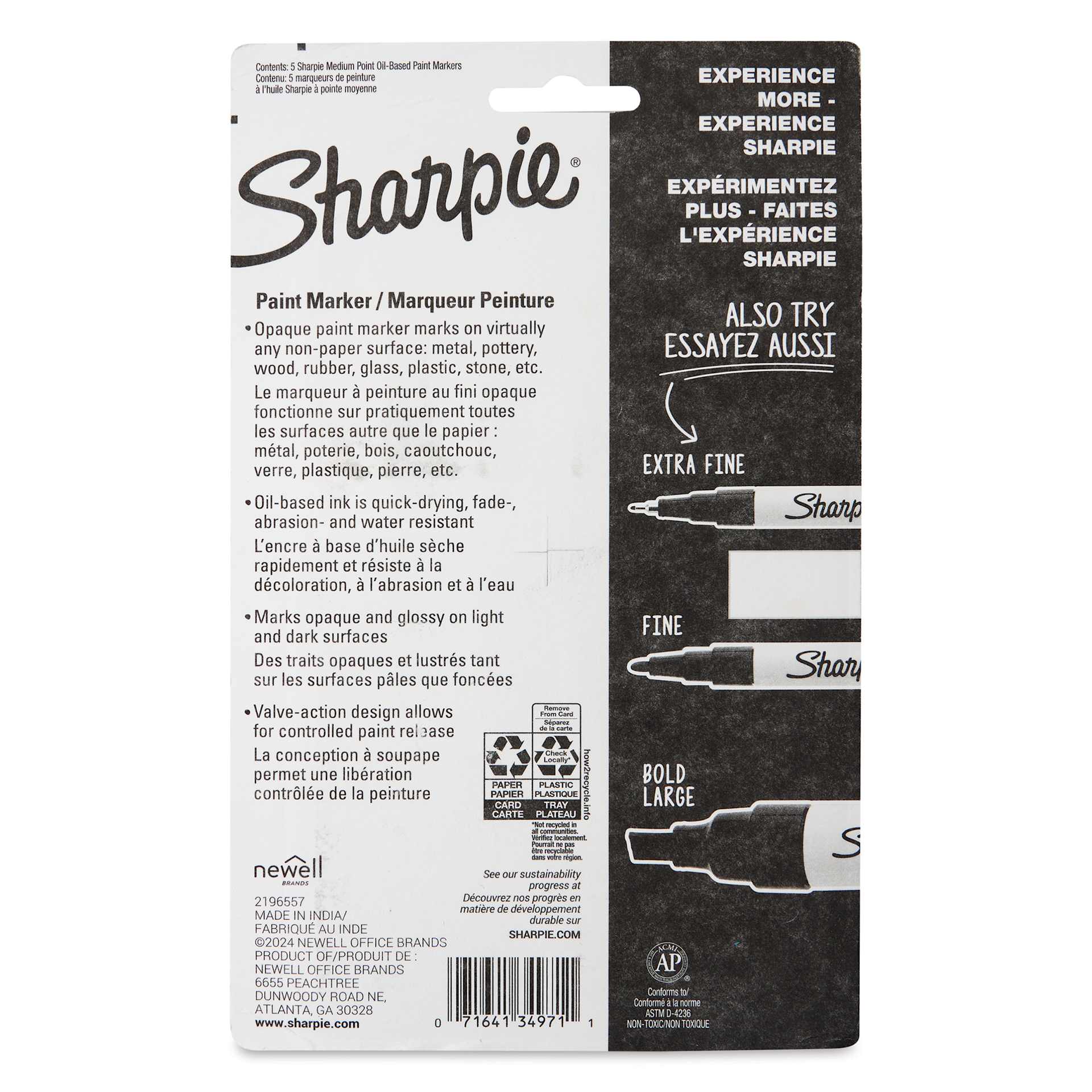 Sharpie Oil-Based Paint Marker Set - Assorted, Medium Point, Set of 5, back of the packaging