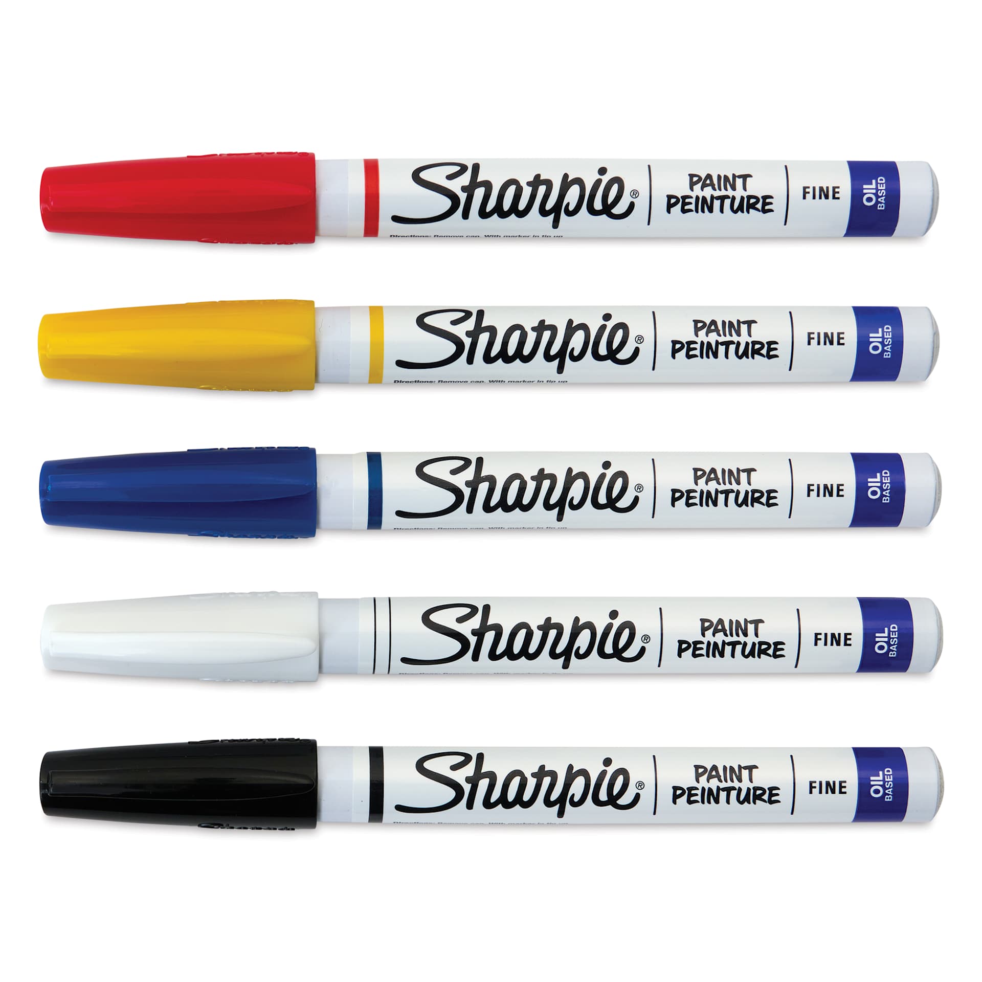 Sharpie Oil-Based Paint Marker Set - Assorted, Fine Point, Set of 5, laid out with caps on