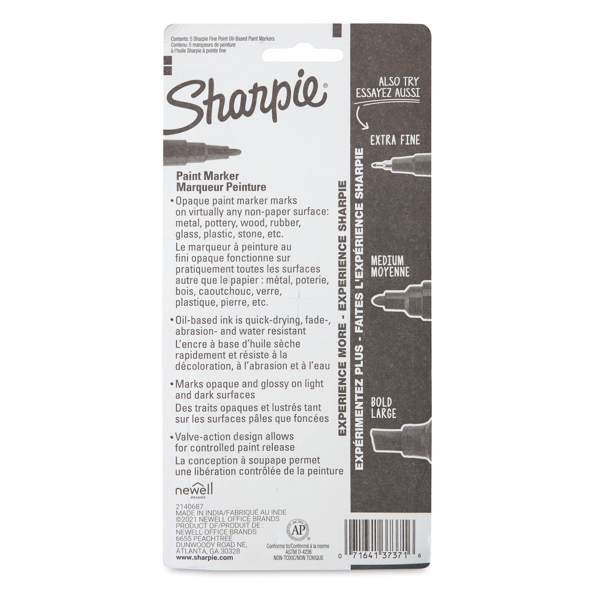 Sharpie Oil-Based Paint Marker Set - Assorted, Fine Point, Set of 5, back of the packaging