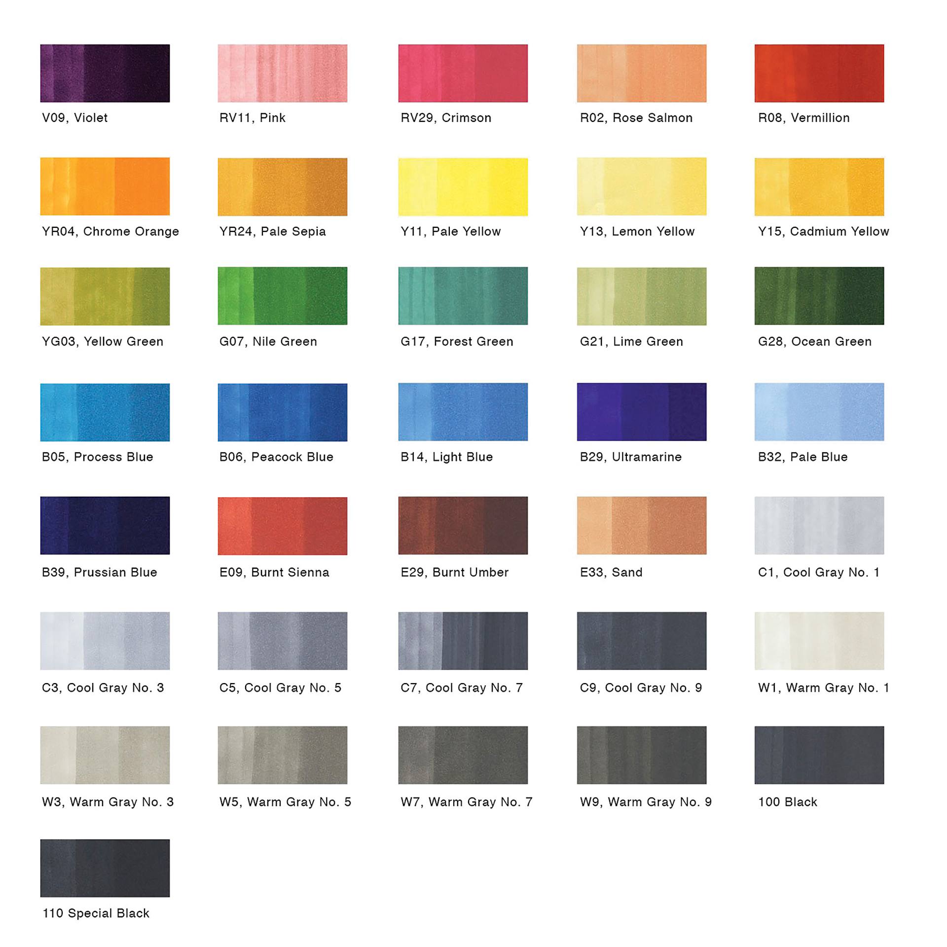 Copic Classic Marker - Assorted Colors, Set of 36 (color chart)