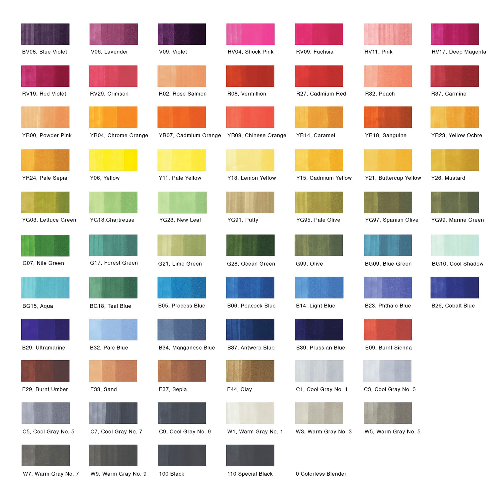 Copic Classic Markers - Set A Broad Range, Set of 72 (color chart)