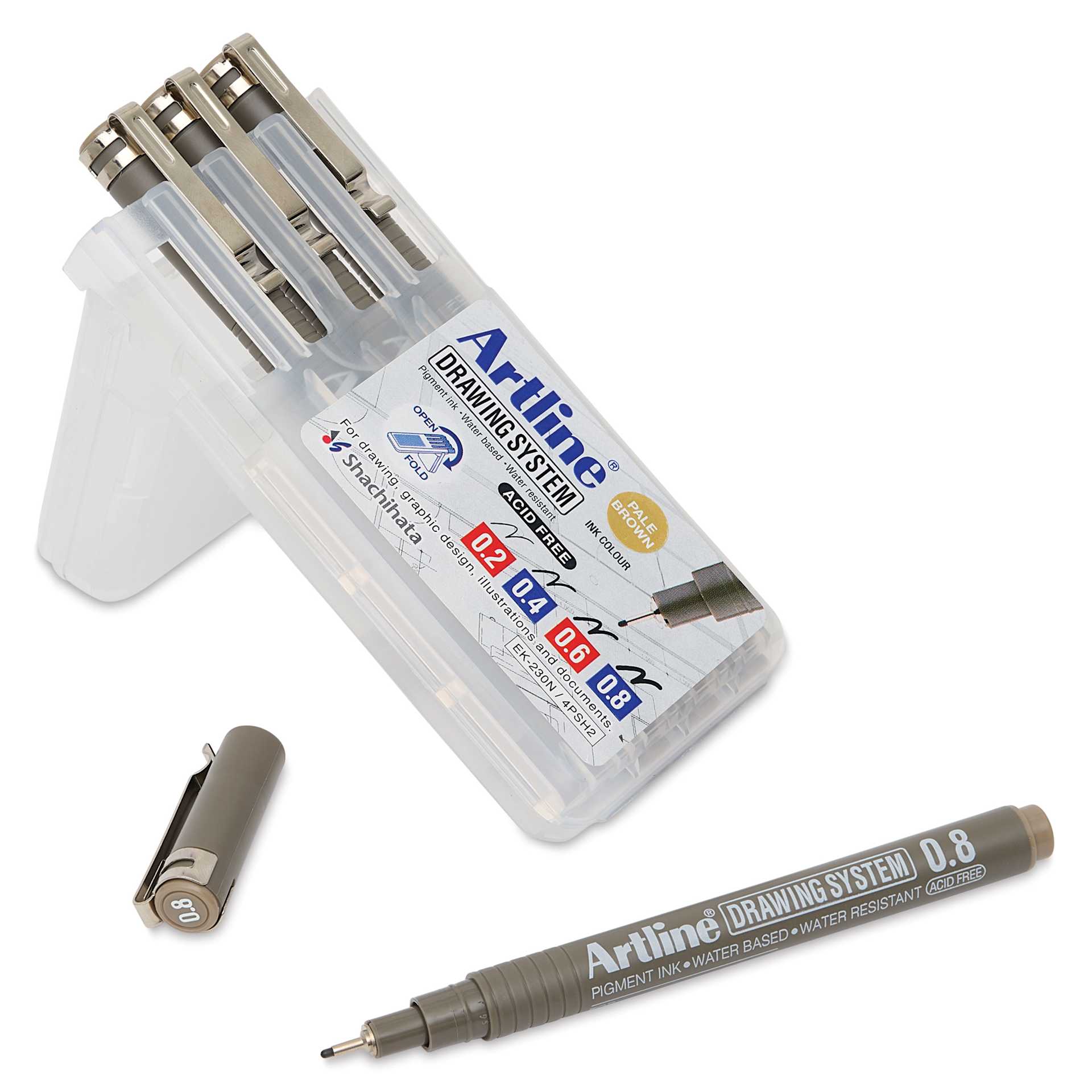 Artline Drawing Pens - Wallet Set of 4, Pale Brown, packaging with pen