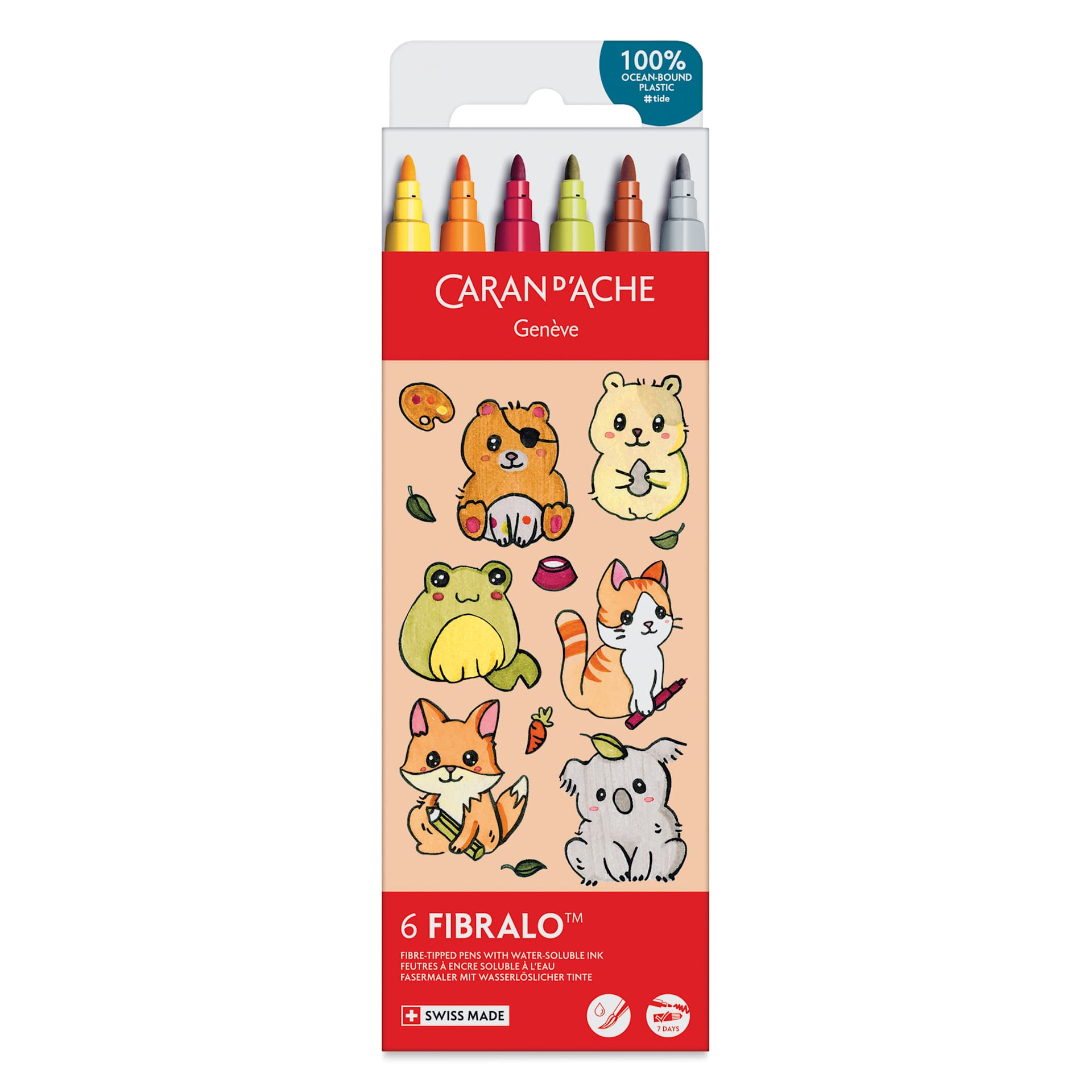 Caran d'Ache Fibralo Water-Soluble Markers - Set of 6, Kawaii Cute Animals