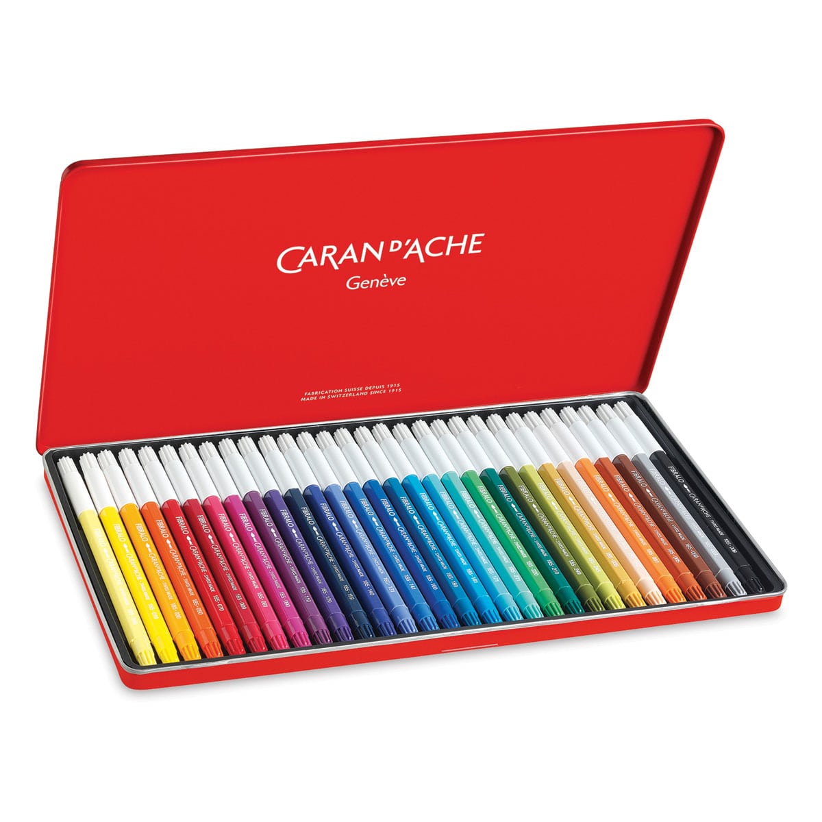 Caran d'Ache Fibralo Marker Sets - Components of package of 30 shown in open storage tin