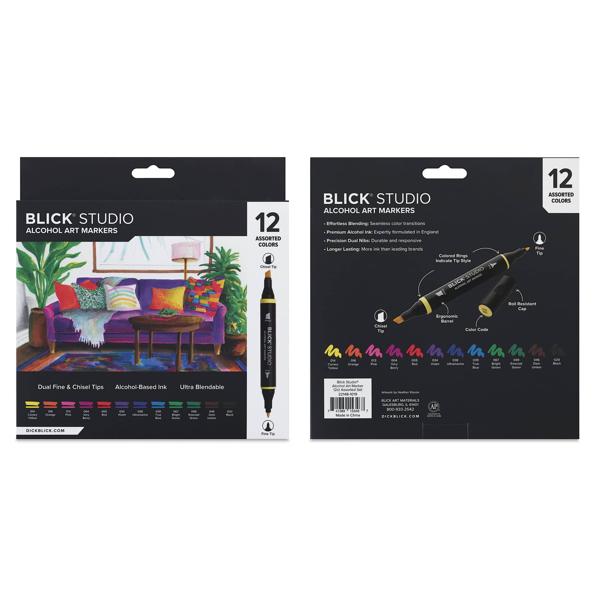 Blick Studio Double-Ended Alcohol Art Markers - Assorted Colors, Set of 12, front and back of packaging
