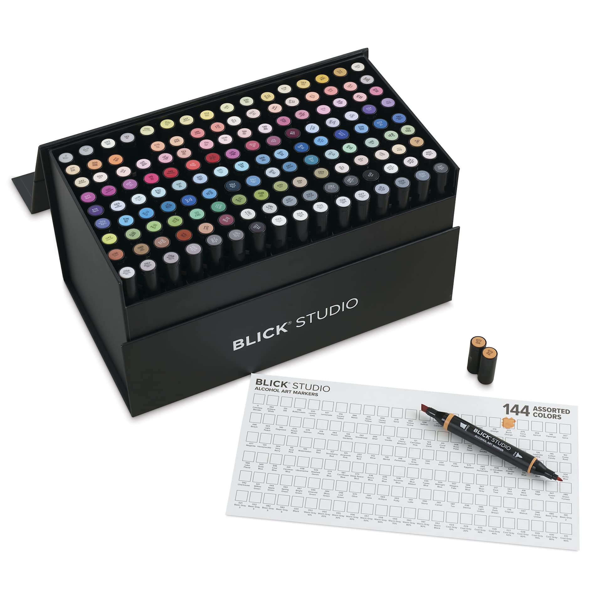 Blick Studio Double-Ended Alcohol Art Markers - Assorted Colors, Set of 144, open packaging and swatch card