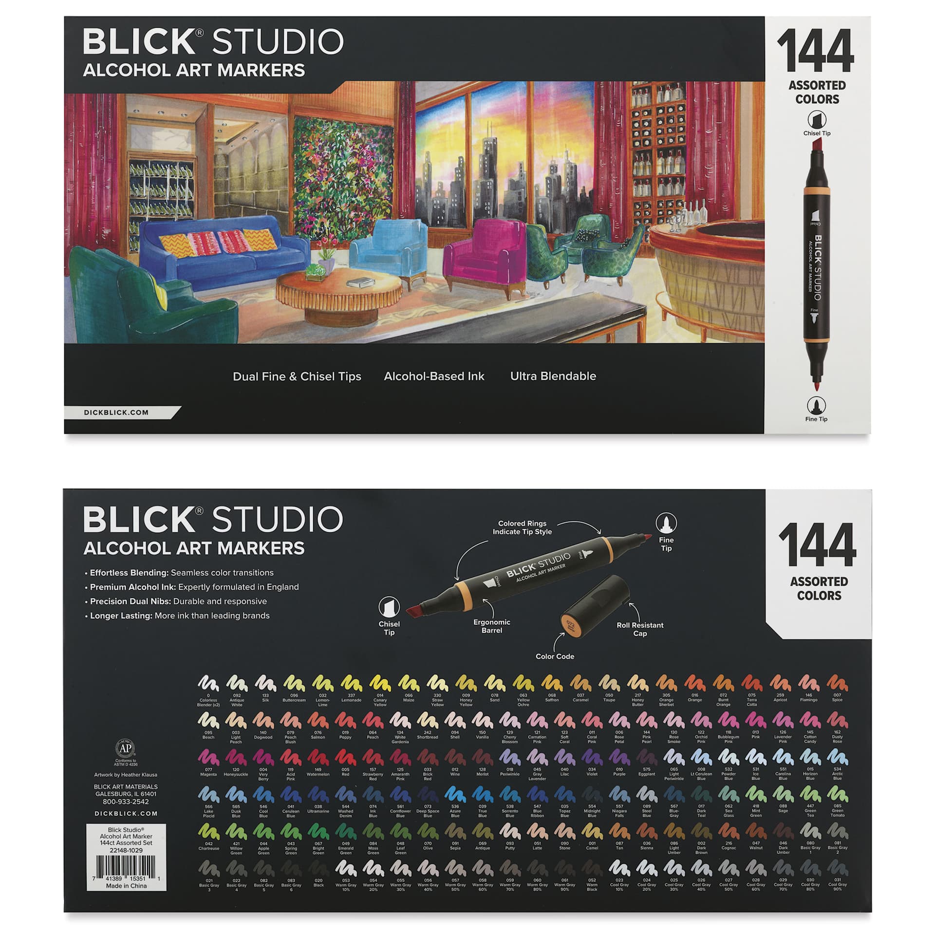Blick Studio Double-Ended Alcohol Art Markers - Assorted Colors, Set of 144, front and back of packaging