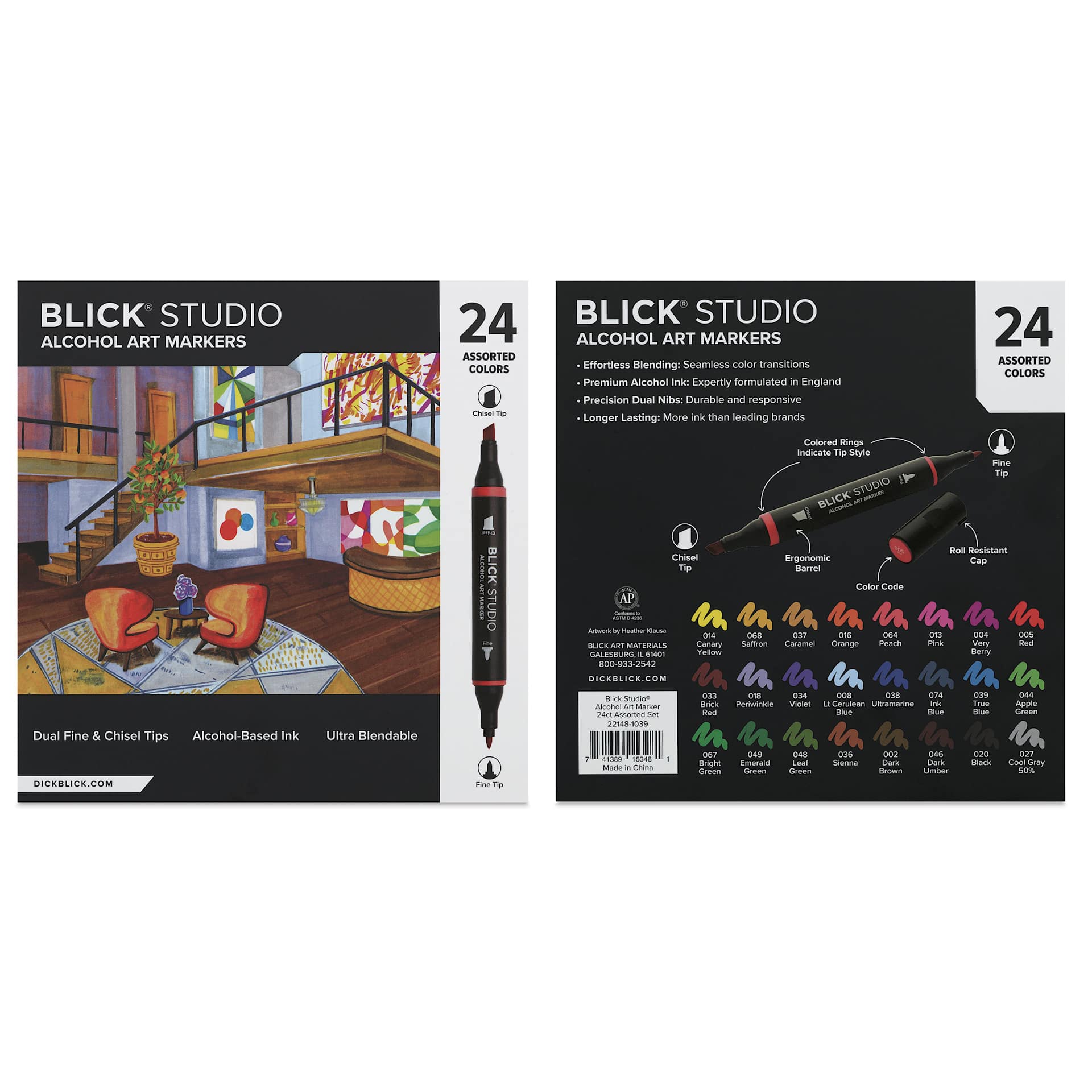 Blick Studio Double-Ended Alcohol Art Markers - Assorted Colors, Set of 24, front and back of packaging