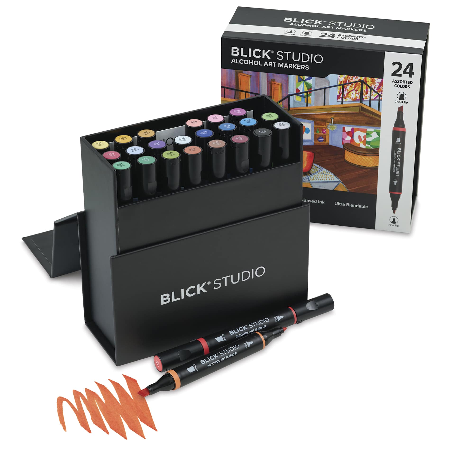 Blick Studio Double-Ended Alcohol Art Markers - Assorted Colors, Set of 24, open with marker out of packaging
