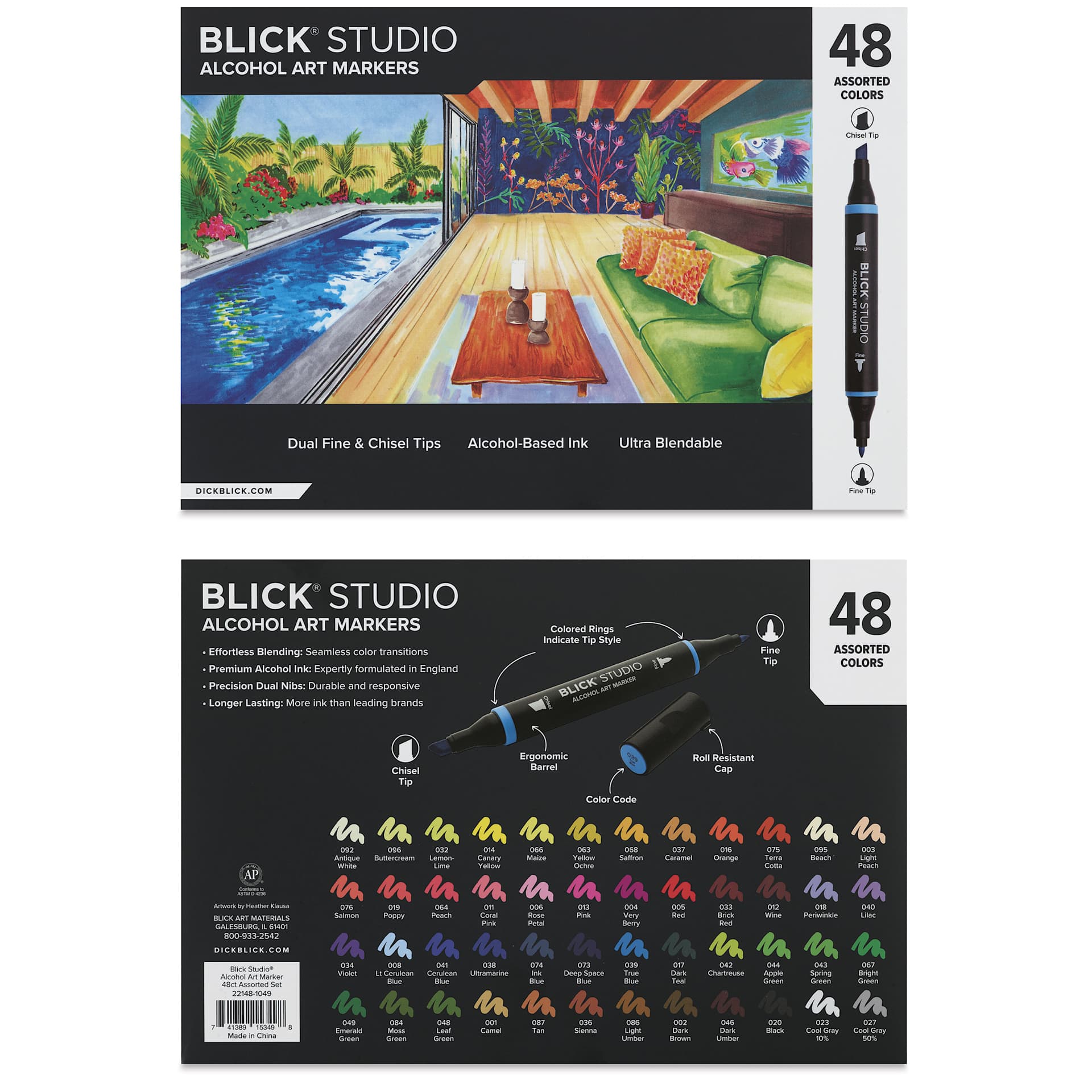 Blick Studio Double-Ended Alcohol Art Markers - Assorted Colors, Set of 48, front and back of packaging