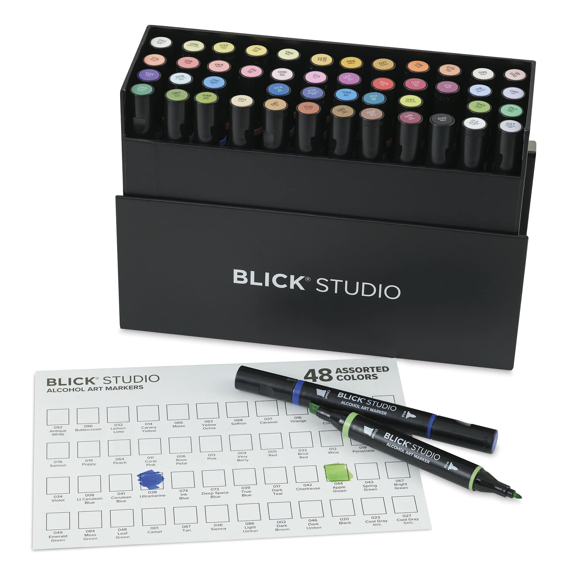 Blick Studio Double-Ended Alcohol Art Markers - Assorted Colors, Set of 48, open with two markers out of packaging