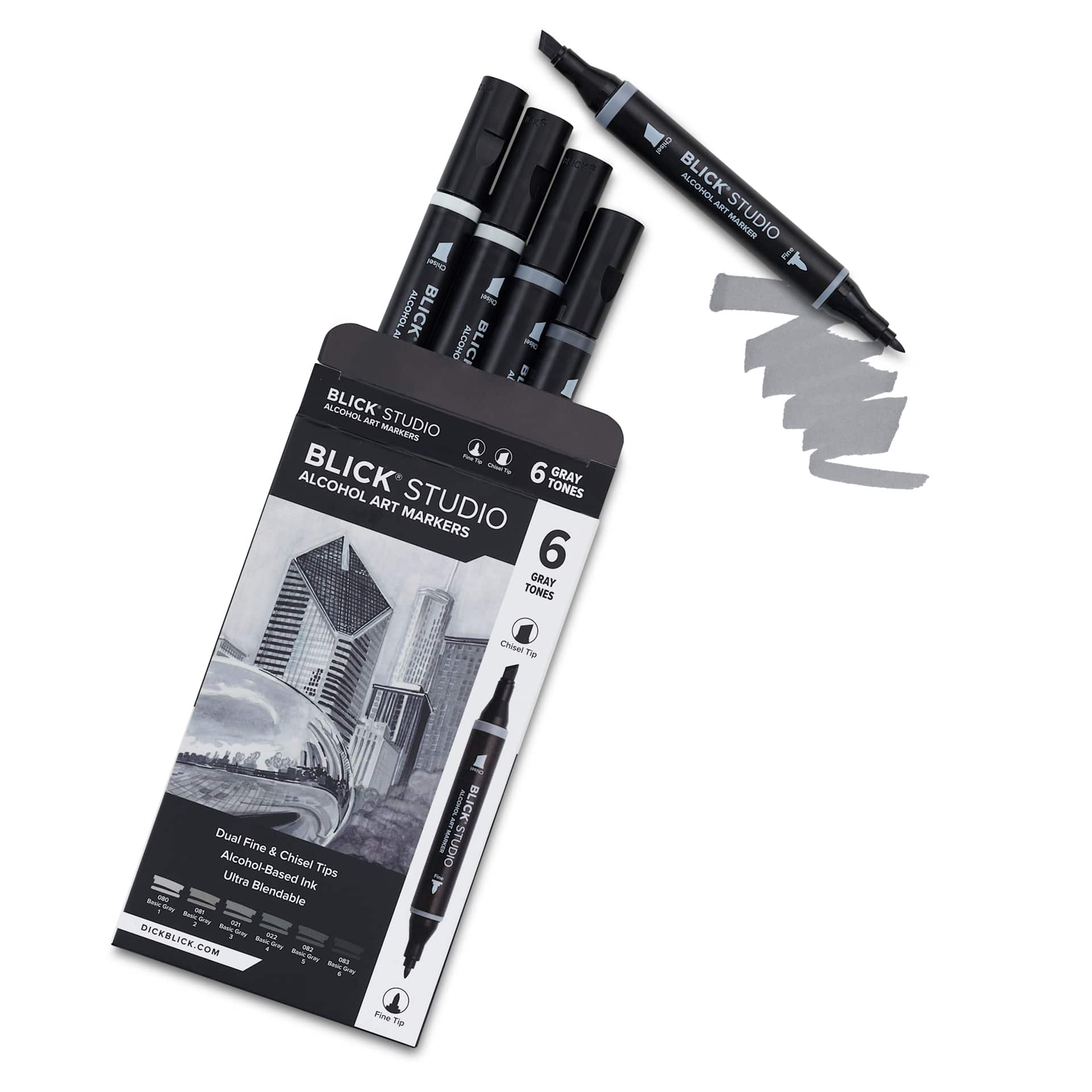 Blick Studio Double-Ended Alcohol Art Markers - Gray Tones, Set of 6, open packaging