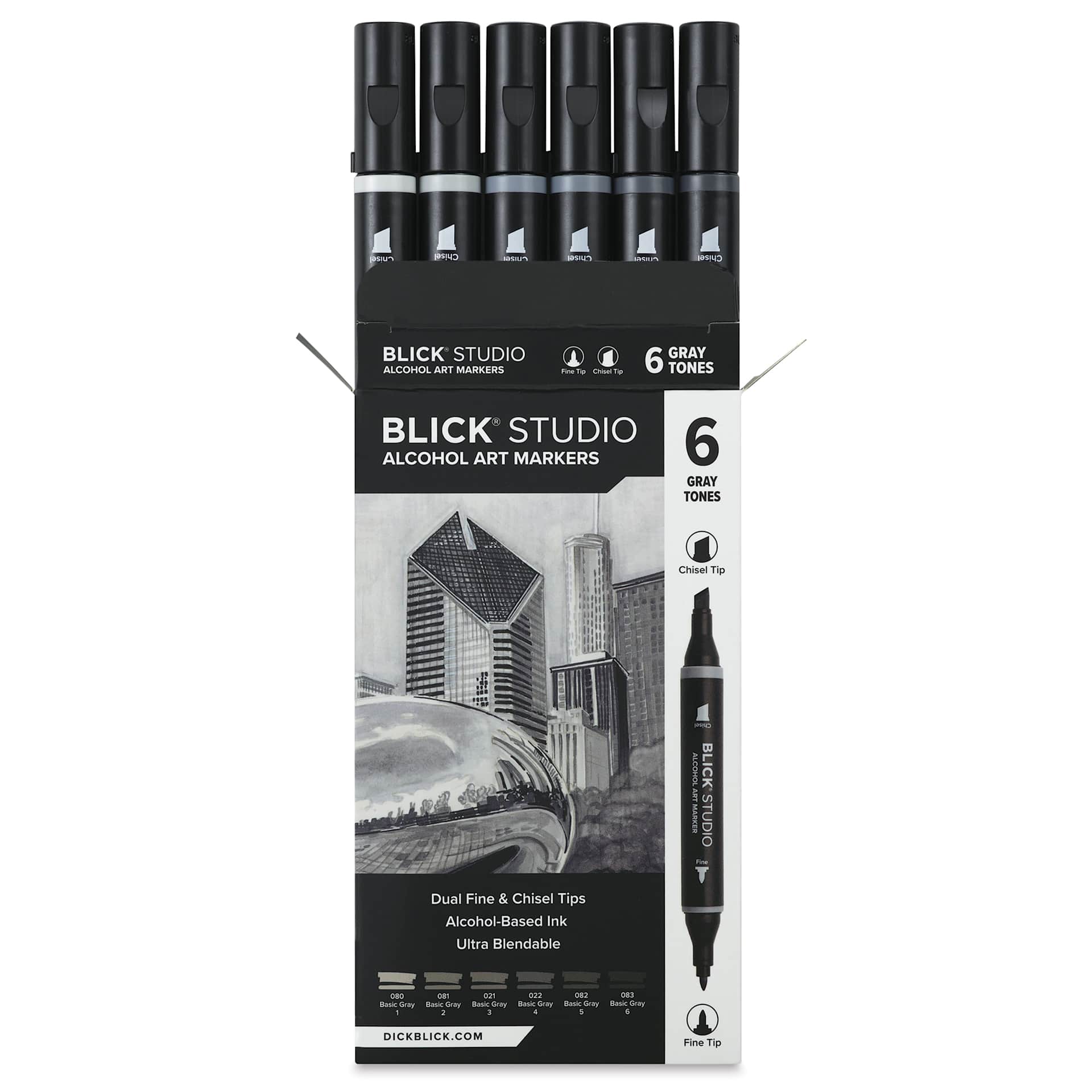 Blick Studio Double-Ended Alcohol Art Markers - Gray Tones, Set of 6, packaging
