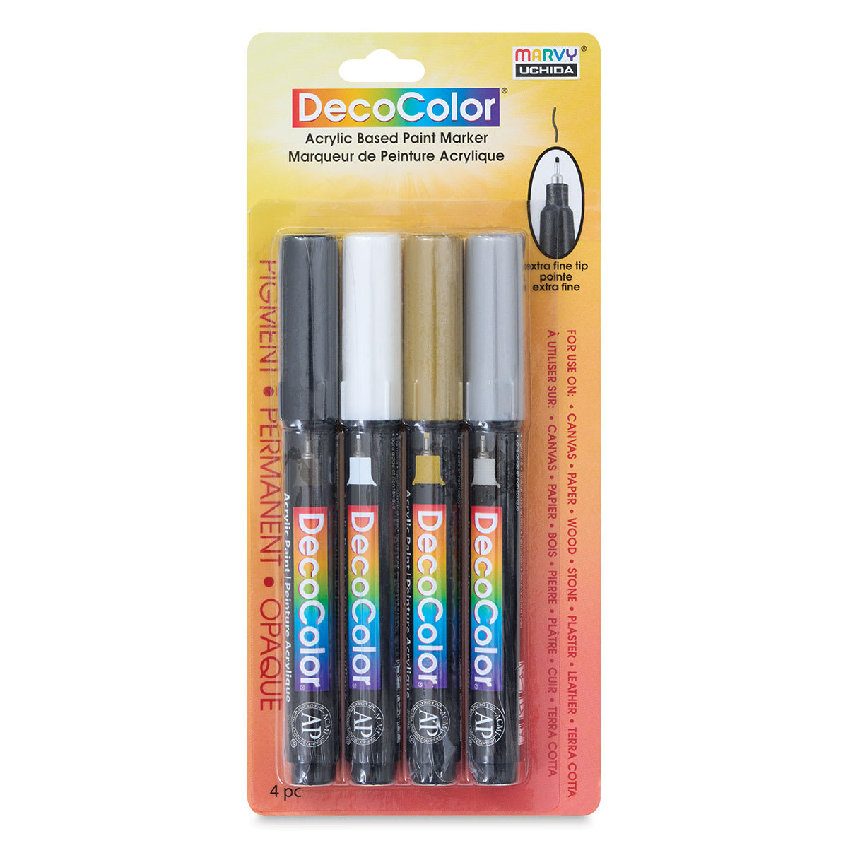 Decocolor Acrylic Paint Markers - Basic Colors, Set of 4, Extra Fine (front of package)