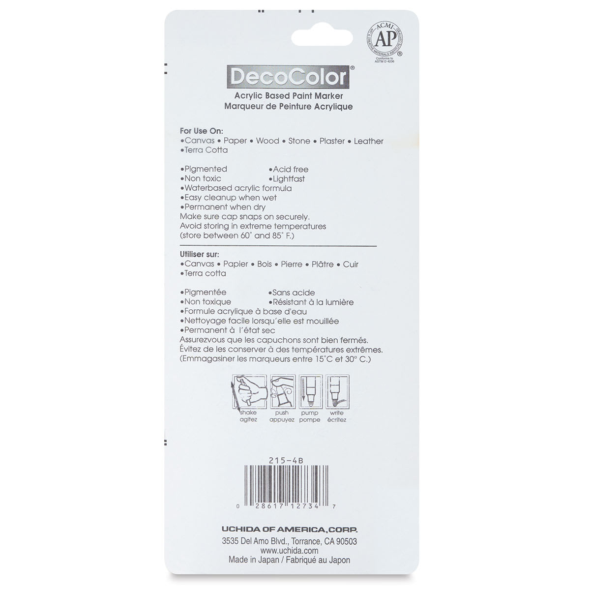 Decocolor Acrylic Paint Markers - Basic Colors, Set of 4, Fine (back of package)