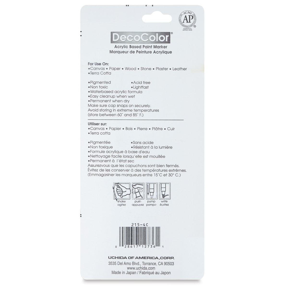 Decocolor Acrylic Paint Markers - Primary Colors, Set of 4, Fine (back of package)