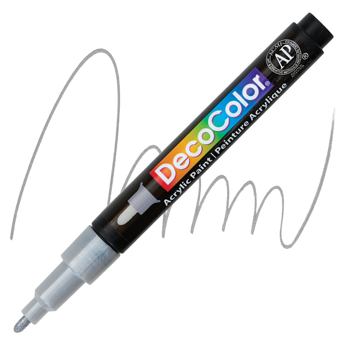 Decocolor Acrylic Paint Marker - Metallic Silver, Fine marker and swatch