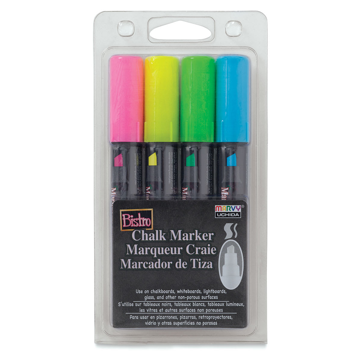 Bistro Chalk Marker Set - Front of Set A 6mm Chisel Tip Fluorescent Marker Set in package 
