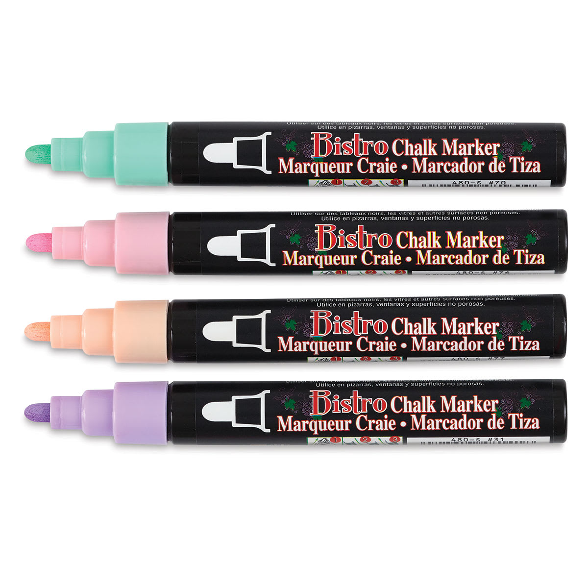 Bistro Chalk Marker Set - Set of 4 6mm Pastel Markers shown horizontally with caps off