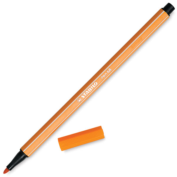 Stabilo Pen 68 Pens - Single Orange Pen shown at angle with cap off and adjacent