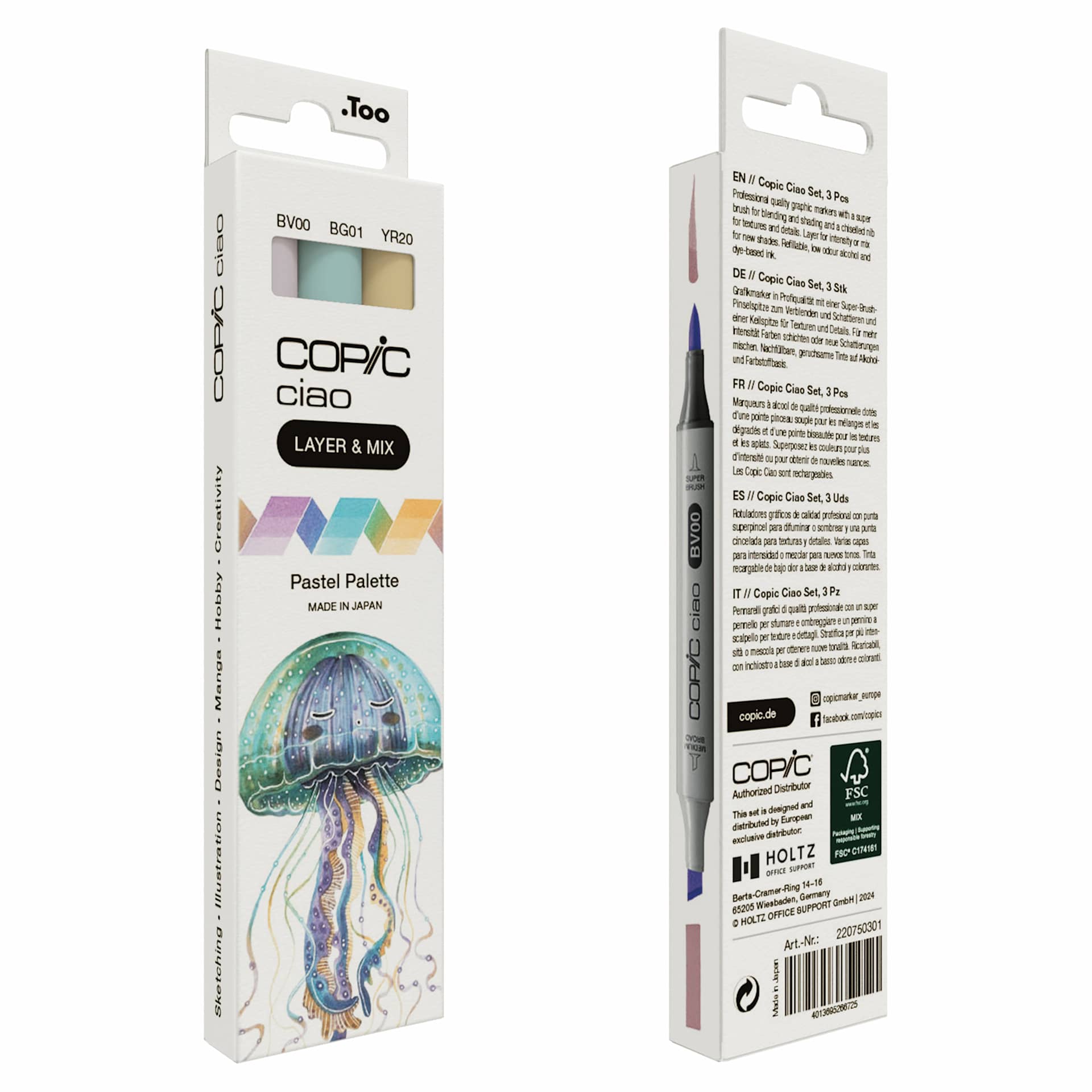 Copic Ciao Double Ended Markers - Layer & Mix Set of 3, Pastel Palette, front and back of packaging