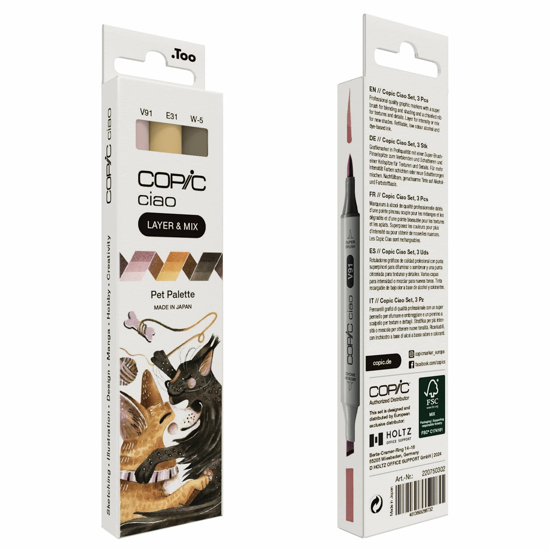 Copic Ciao Double Ended Markers - Layer & Mix Set of 3, Pet Palette, front and back of packaging