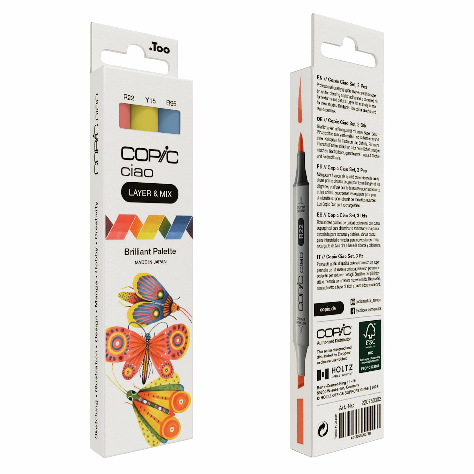 Copic Ciao Double Ended Markers - Layer & Mix Set of 3, Brilliant Palette, front and back of packaging