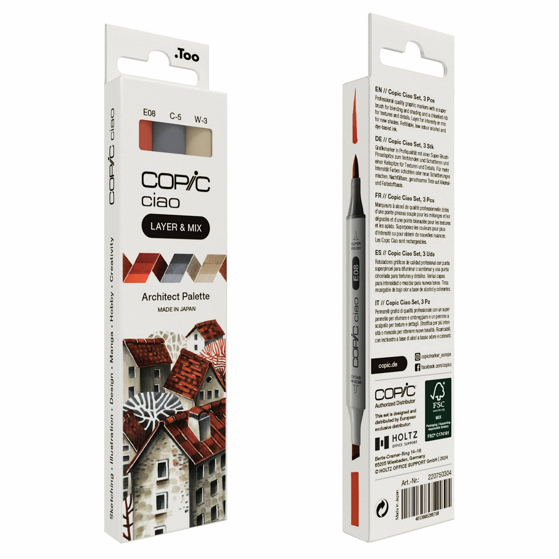 Copic Ciao Double Ended Markers - Layer & Mix Set of 3, Architect Palette, front and back of packaging