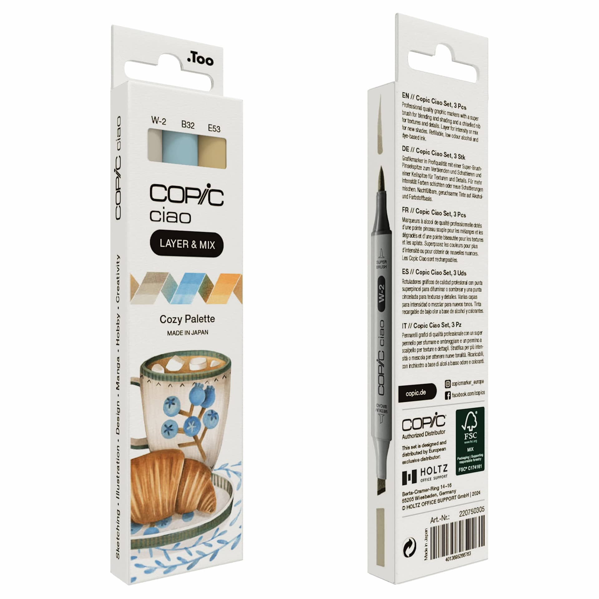 Copic Ciao Double Ended Markers - Layer & Mix Set of 3, Cozy Palette, front and back of packaging