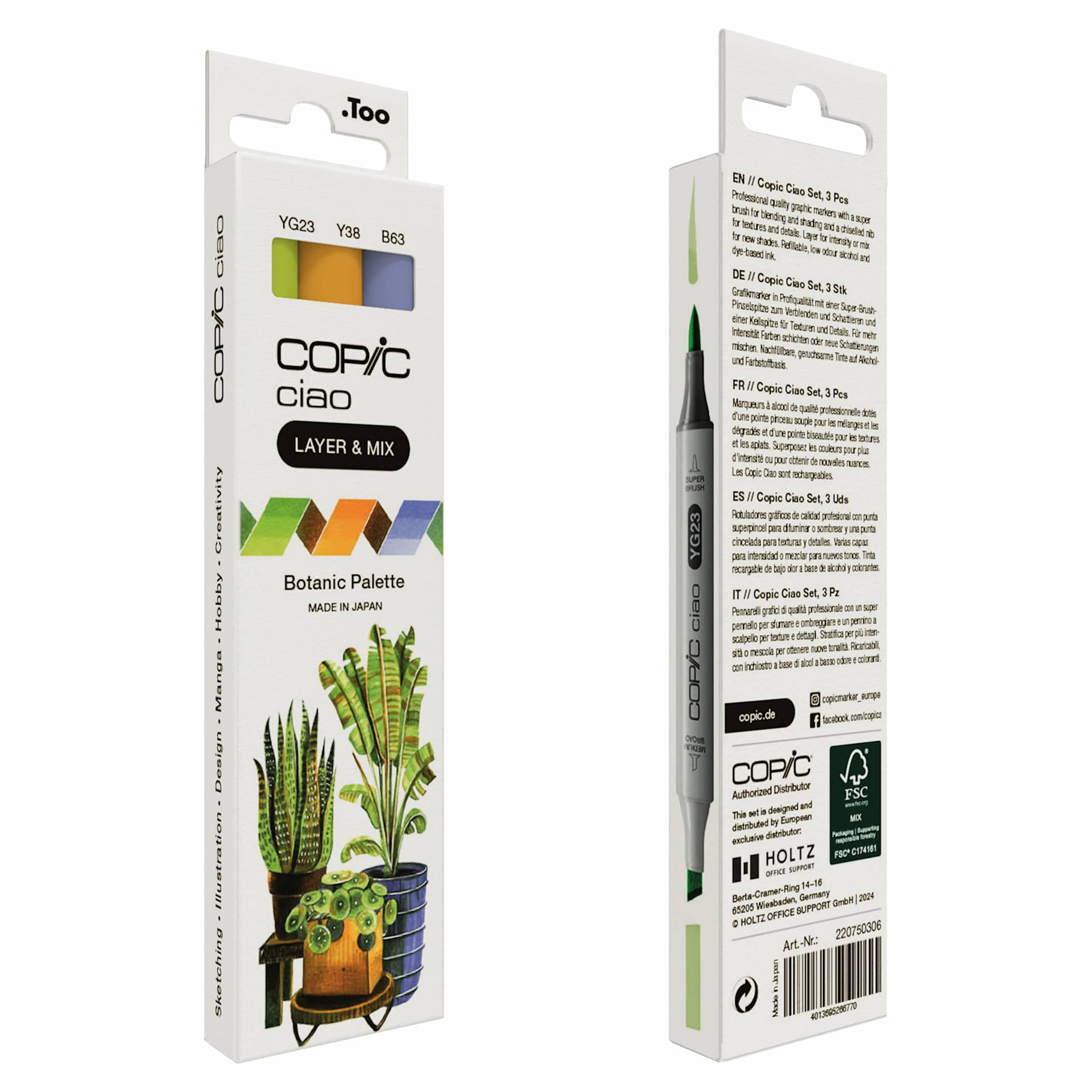Copic Ciao Double Ended Markers - Layer & Mix Set of 3, Botanic Palette, front and back of packaging