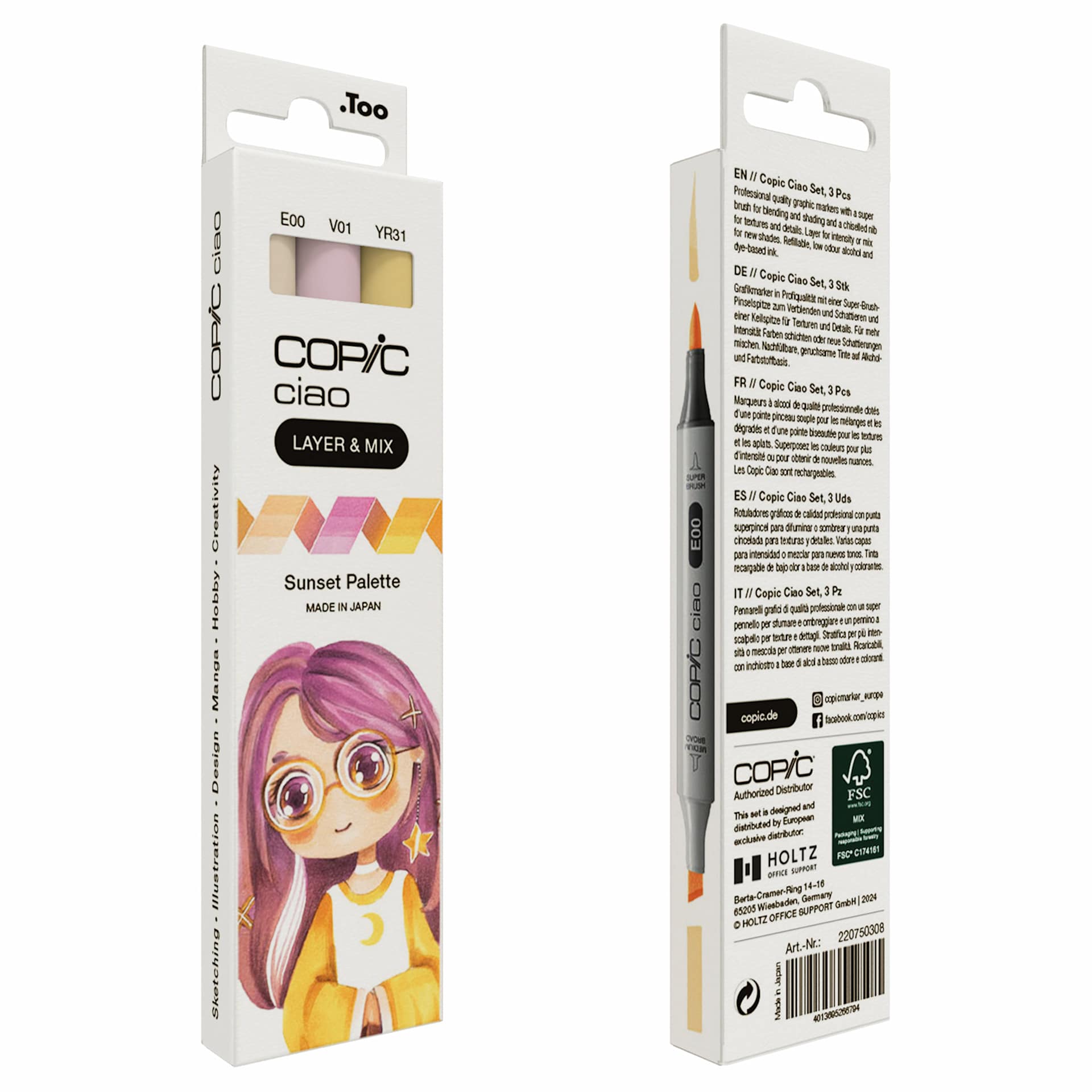 Copic Ciao Double Ended Markers - Layer & Mix Set of 3, Sunset Palette, front and back of packaging