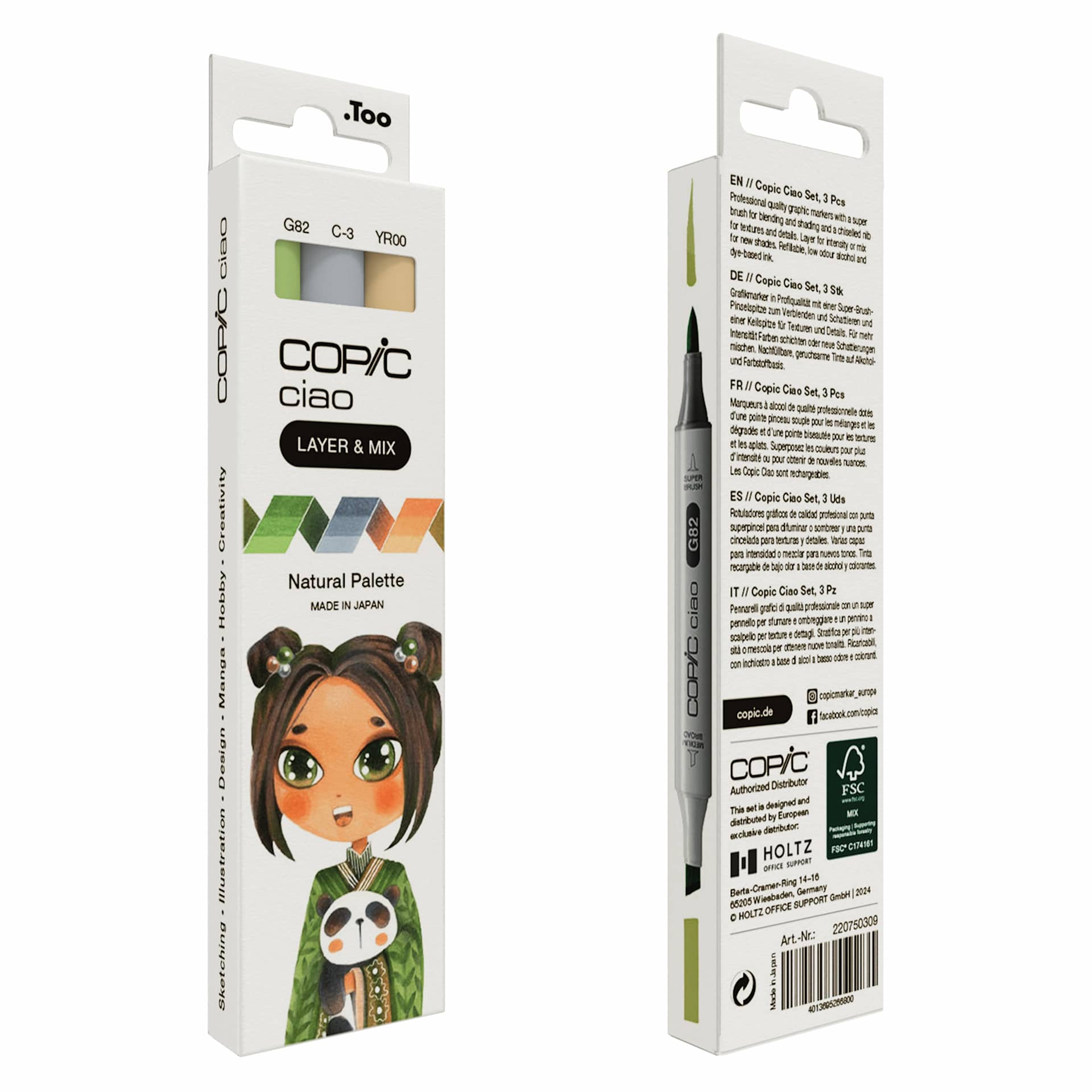Copic Ciao Double Ended Markers - Layer & Mix Set of 3, Natural Palette, front and back of packaging