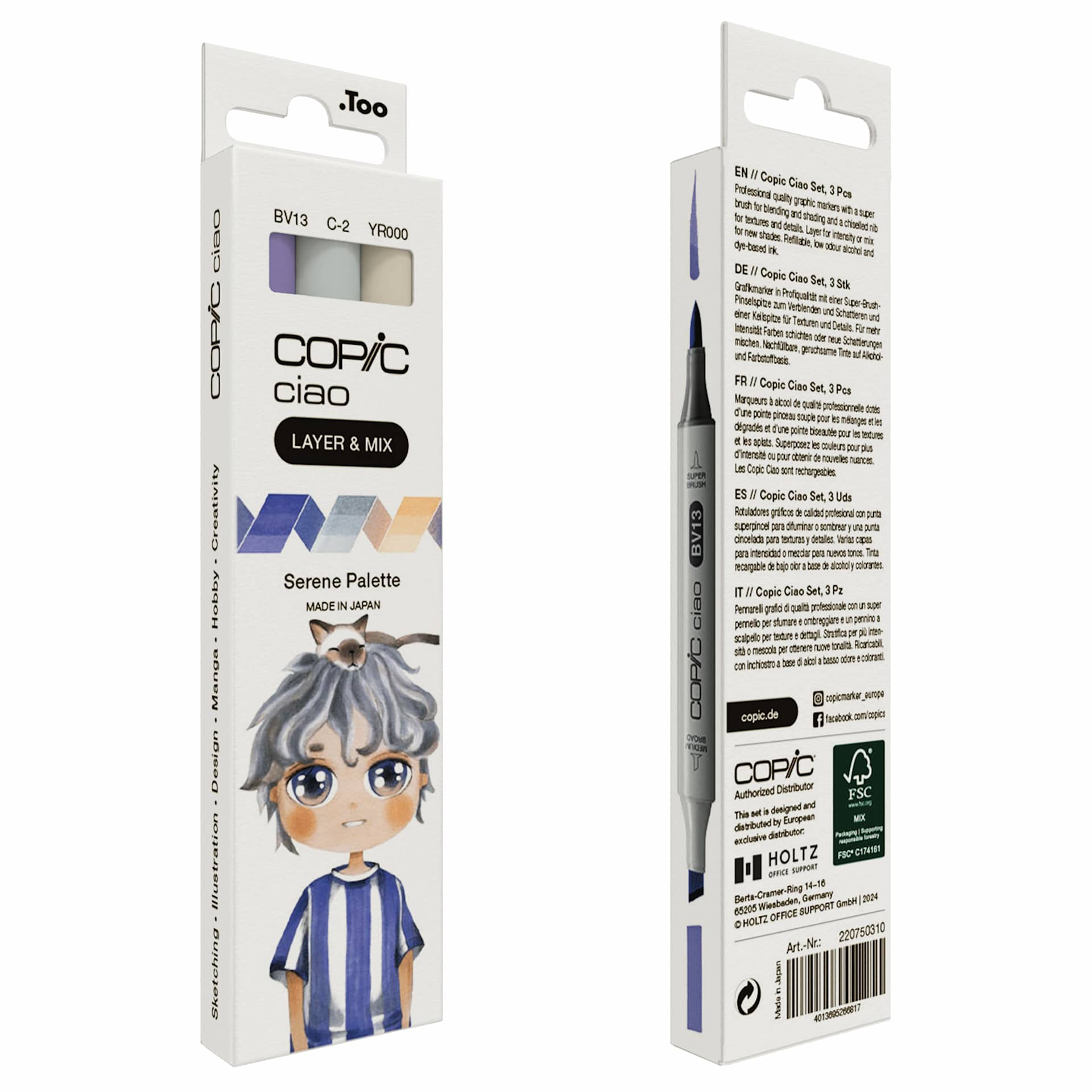 Copic Ciao Double Ended Markers - Layer & Mix Set of 3, Serene Palette, front and back of packaging