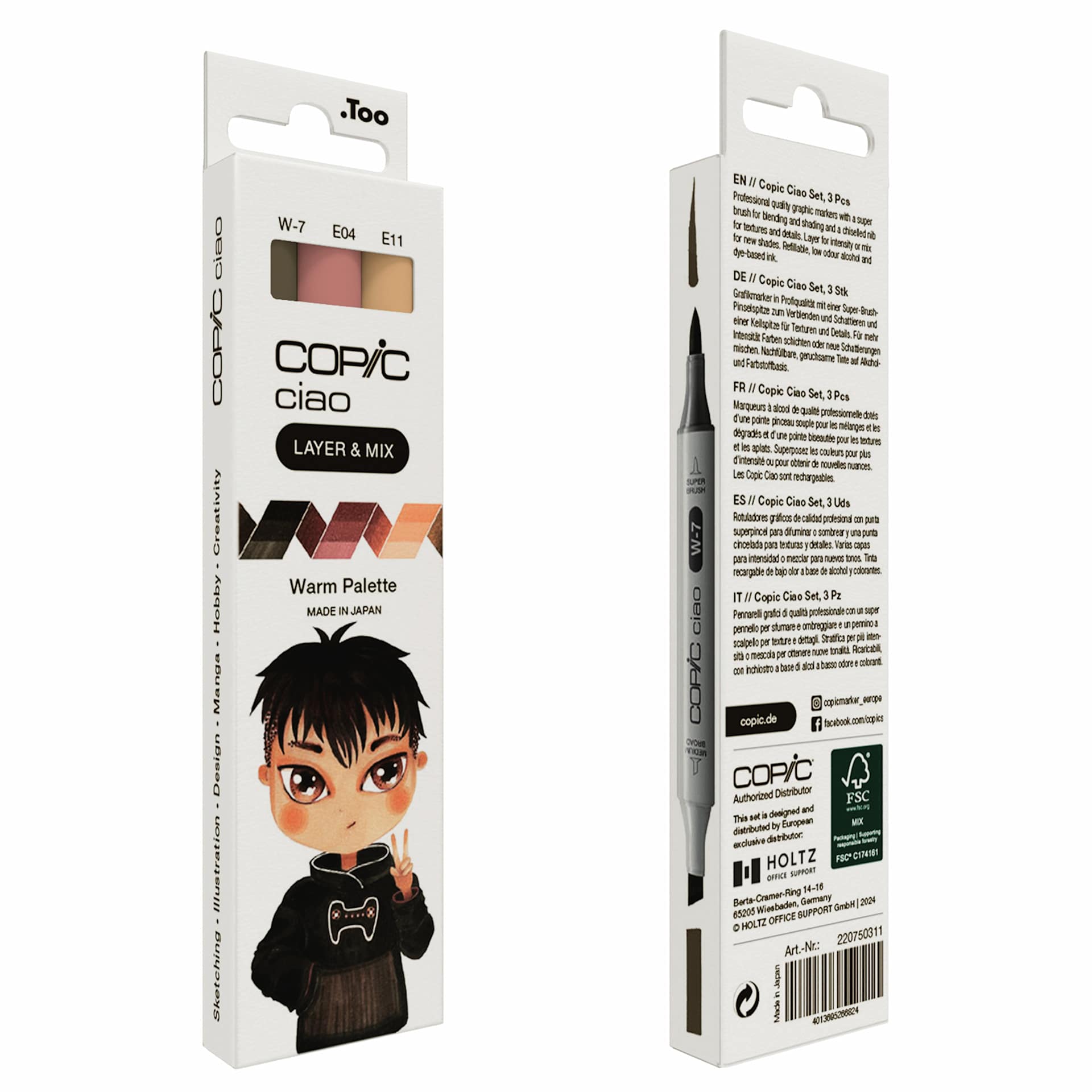 Copic Ciao Double Ended Markers - Layer & Mix Set of 3, Warm Palette, front and back of packaging