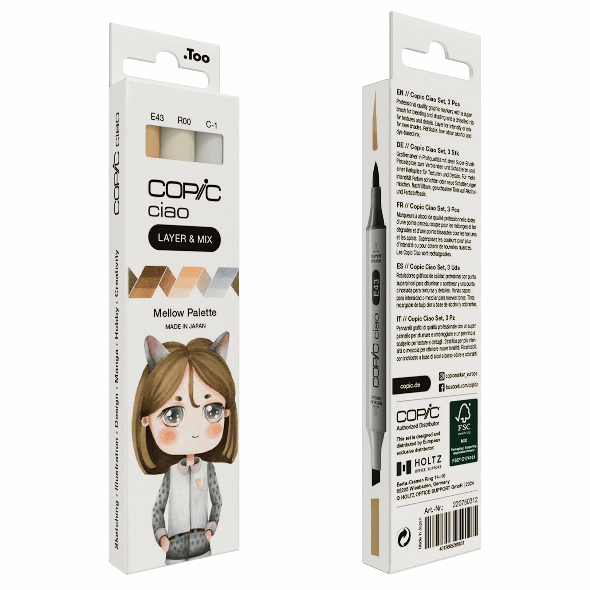 Copic Ciao Double Ended Markers - Layer & Mix Set of 3, Mellow Palette, front and back of packaging