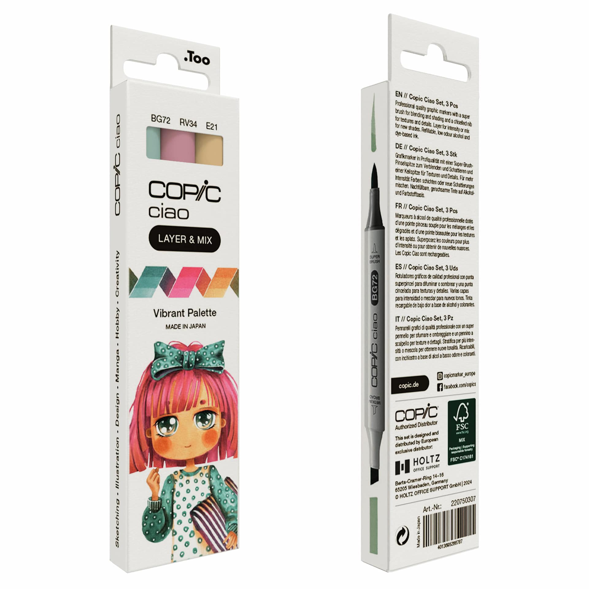 Copic Ciao Double Ended Markers - Layer & Mix Set of 3, Vibrant Palette, front and back of packaging