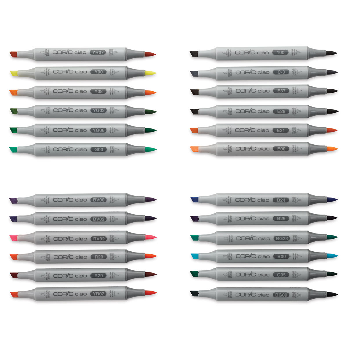 Copic Ciao Double Ended Markers - Assorted Colors, Set of 24 (set contents with caps off)