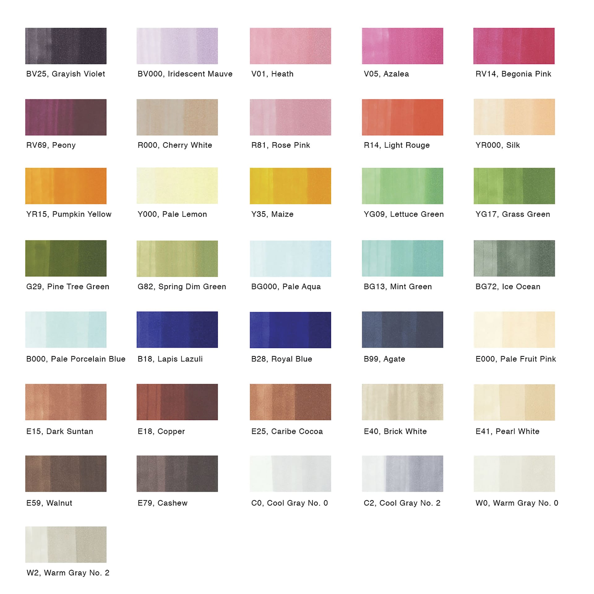 Copic Ciao Double Ended Marker Set - Set E, Set of 36, color chart